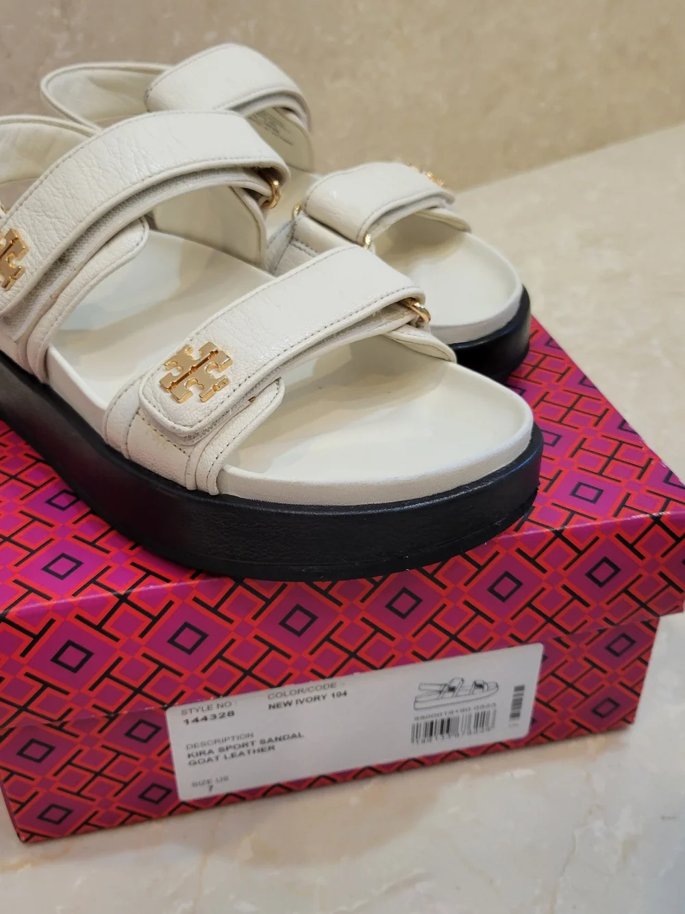 Tory Burch Kira White Sandals with Gold Logo